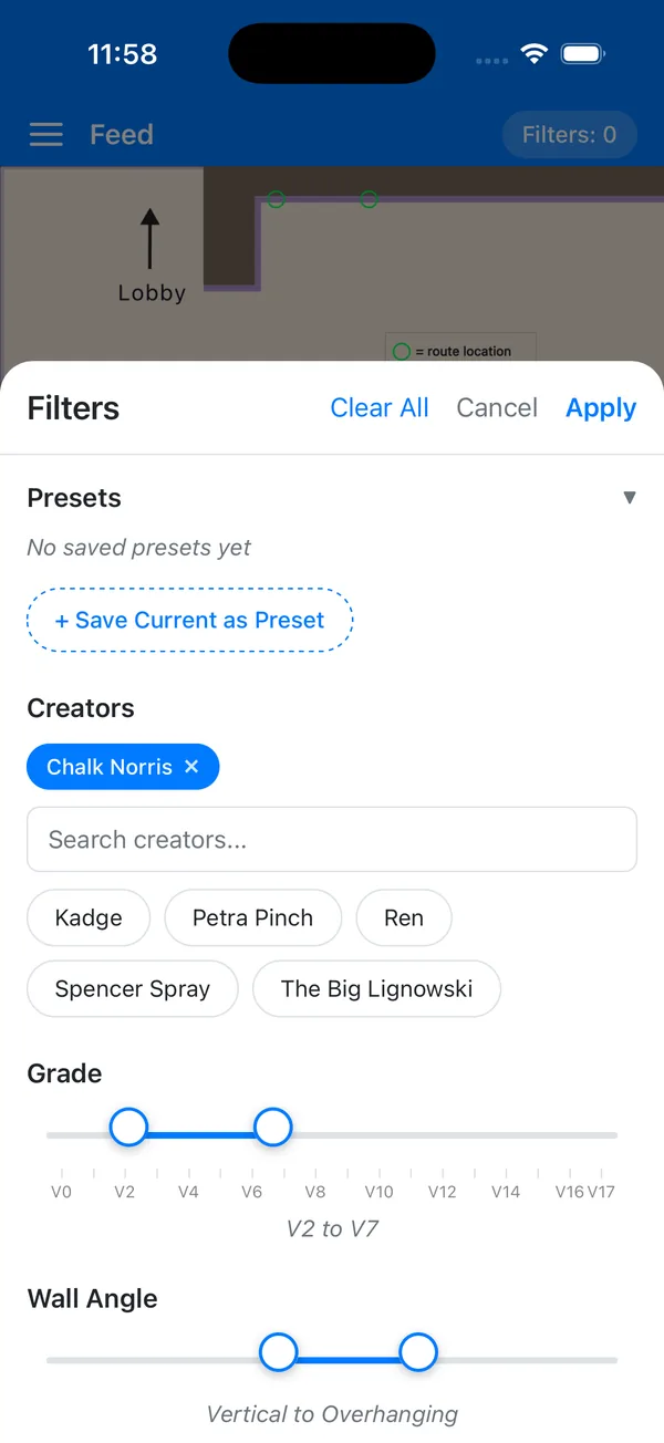 Filter panel with creator chips and range sliders for grade and wall angle.