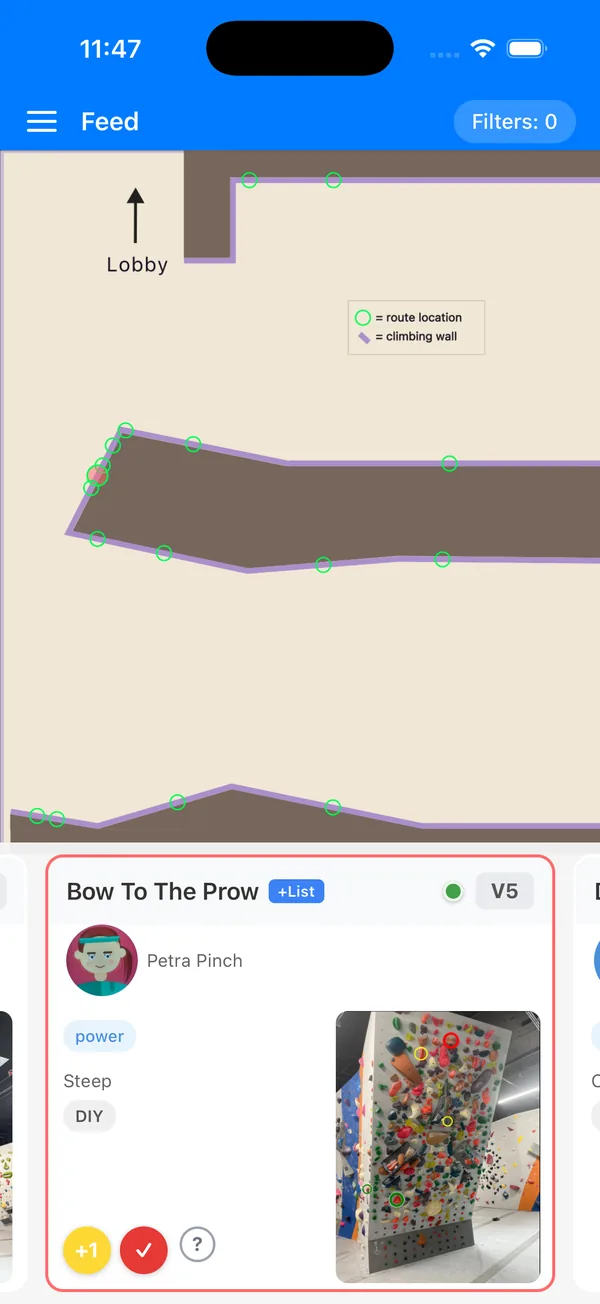 Gym map showing route locations as pins, with a route card for a V5 named Bow To The Prow.