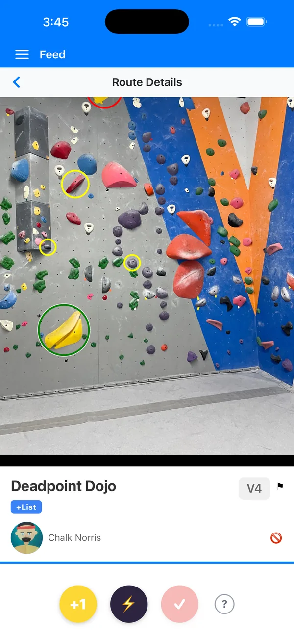 Route details for a V4 named Deadpoint Dojo, with buttons to log an attempt, a flash, and a send.